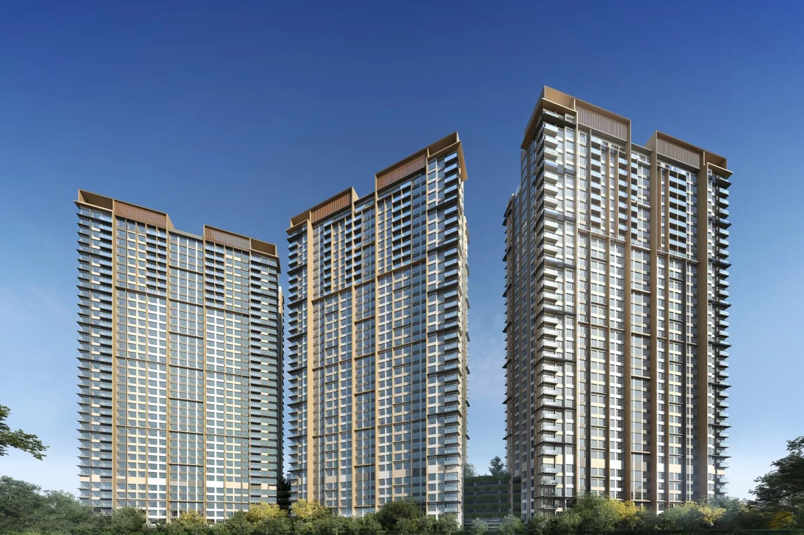 Hillview three zig-zag towers front elevation, Senibong Cove