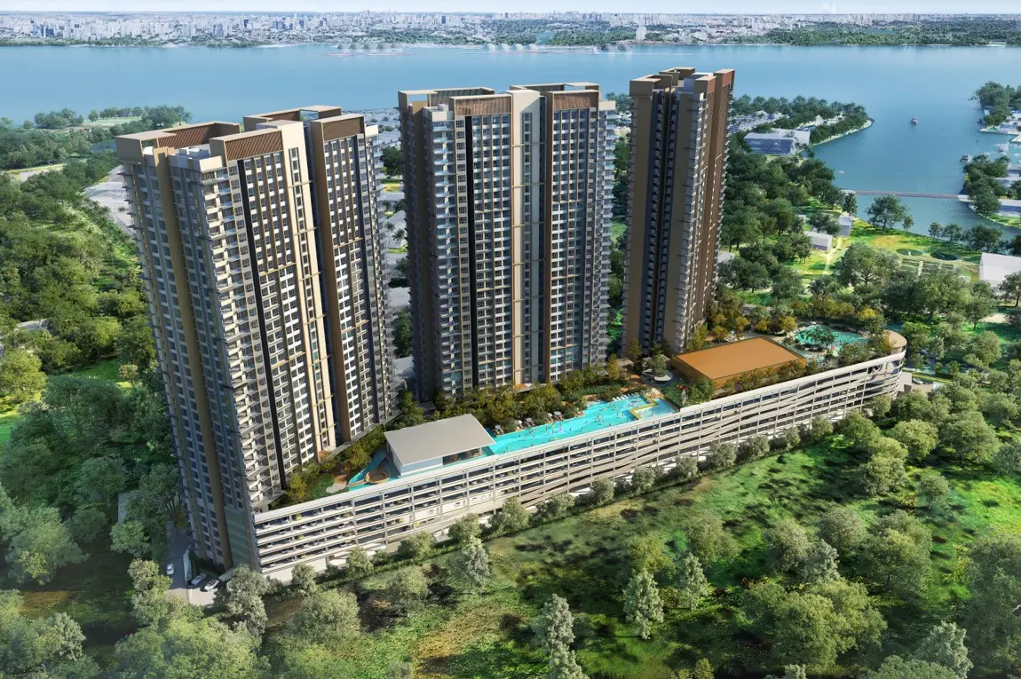 Hillview at Senibong Cove aerial render, three zig-zag towers overlooking the waterfront township, Masai, Johor Bahru
