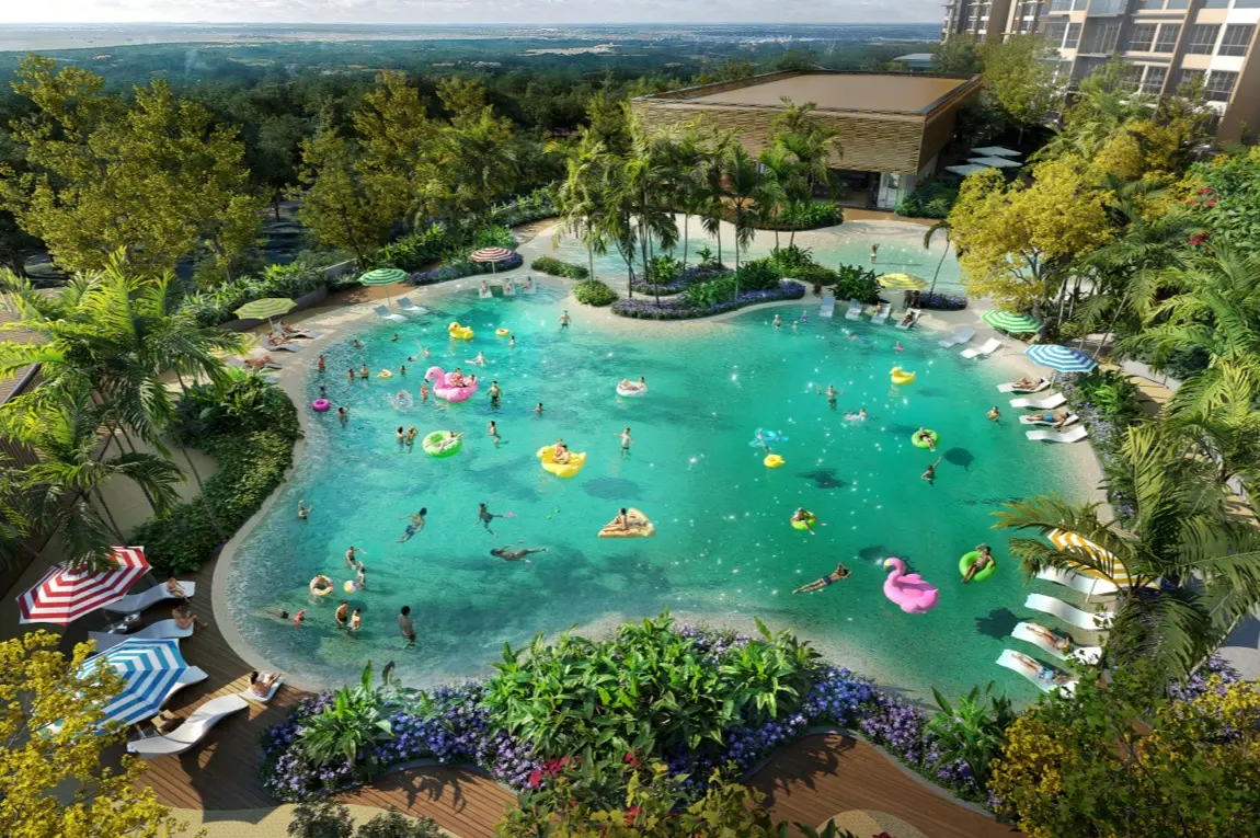 Free-form lagoon swimming pool with beach entry at Hillview, Senibong Cove